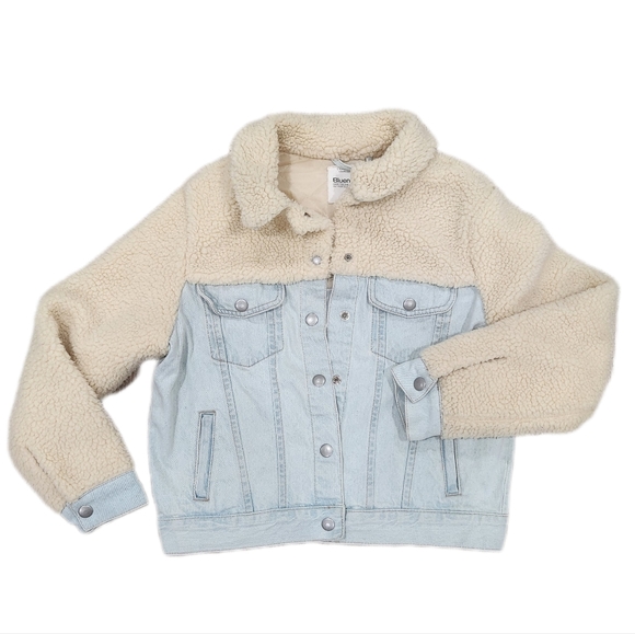 Blue ones Sherpa Blue denim jean crop jacket, womens Medium - Picture 1 of 8